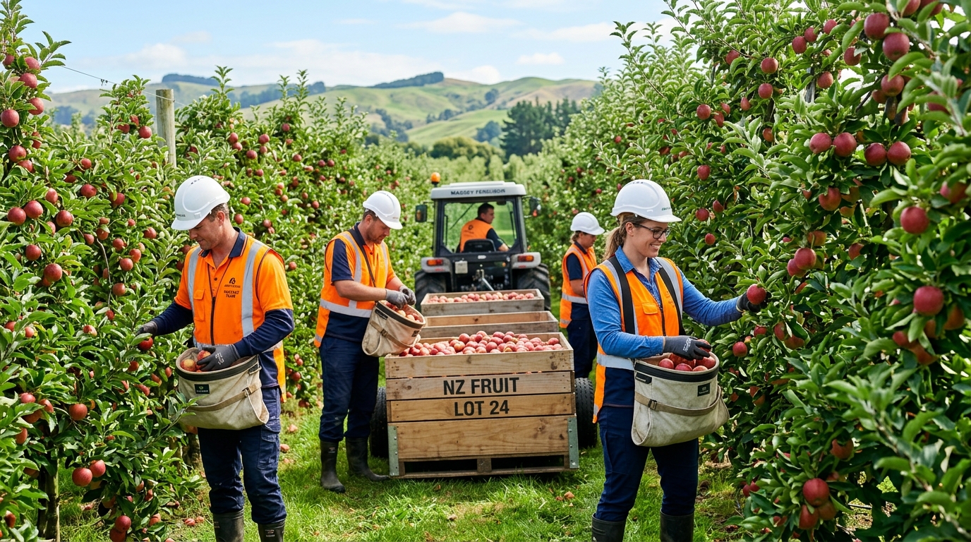 Professional agricultural crew picking apples in a Hawke's Bay New Zealand orchard