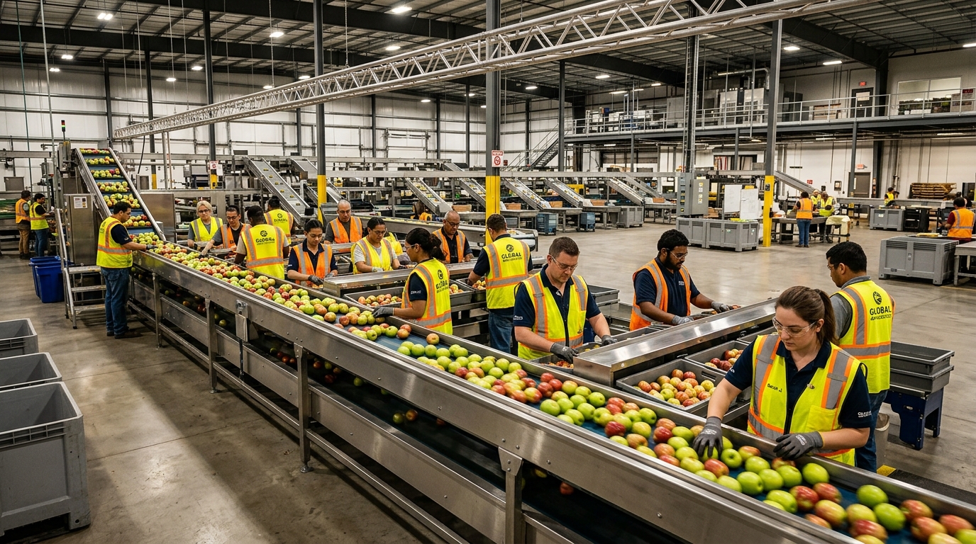 Modern industrial packhouse sorting line and skilled production workers in safety gear